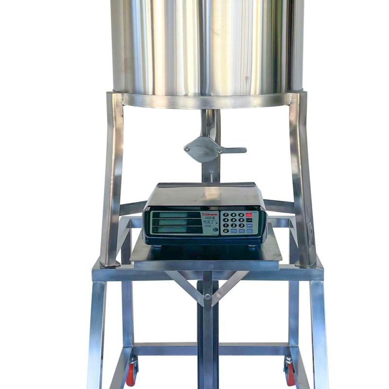 TANQUE DECANTADOR DE MEL 250 KG - C/ SUPORTE PARA ENVASADORA - FUNDO CÔNICO